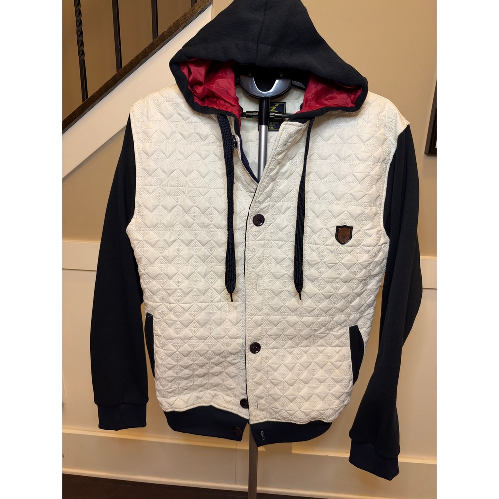 Zuumen Sportswear Mens XXL Quilted Hooded Jacket Navy White Colorblock Varsity
